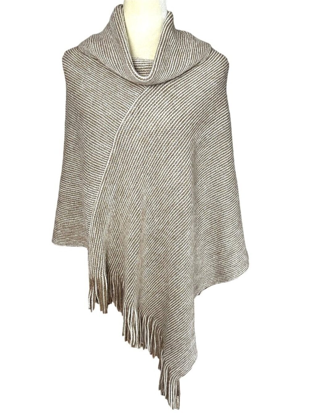 Chicos Metallic Gold Fringe Poncho Cowl Neck Sweater One Size